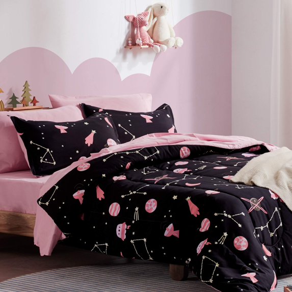 Sleep Zone Kids Twin Bedding Comforter Set - 5 Pieces Super Cute & Soft Bedding Sets & Collections with Comforter, Sheet, Pillowcase & Sham - Fade Resistant Easy Care (Pink Galaxy)