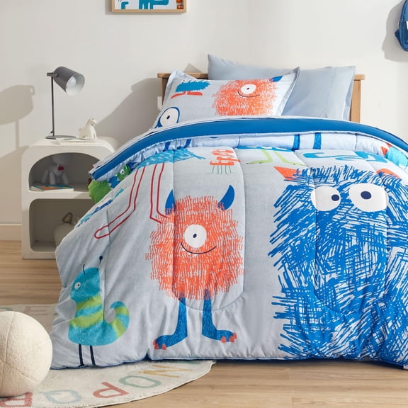 Sleep Zone Kids Bedding Comforter Set Full/Queen Size - Super Cute & Soft Kids Bedding 7 Pieces Set with Comforter, Sheet, Pillowcase & Sham (Monster)