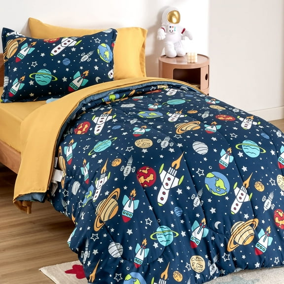 Sleep Zone Kids Bedding Comforter Set Full/Queen Size - Super Soft & Cute Printed 3-Piece Comforter Set All Seasons for Boys, Girls, Fade Resistant, Machine Washable, Rocket Galaxy