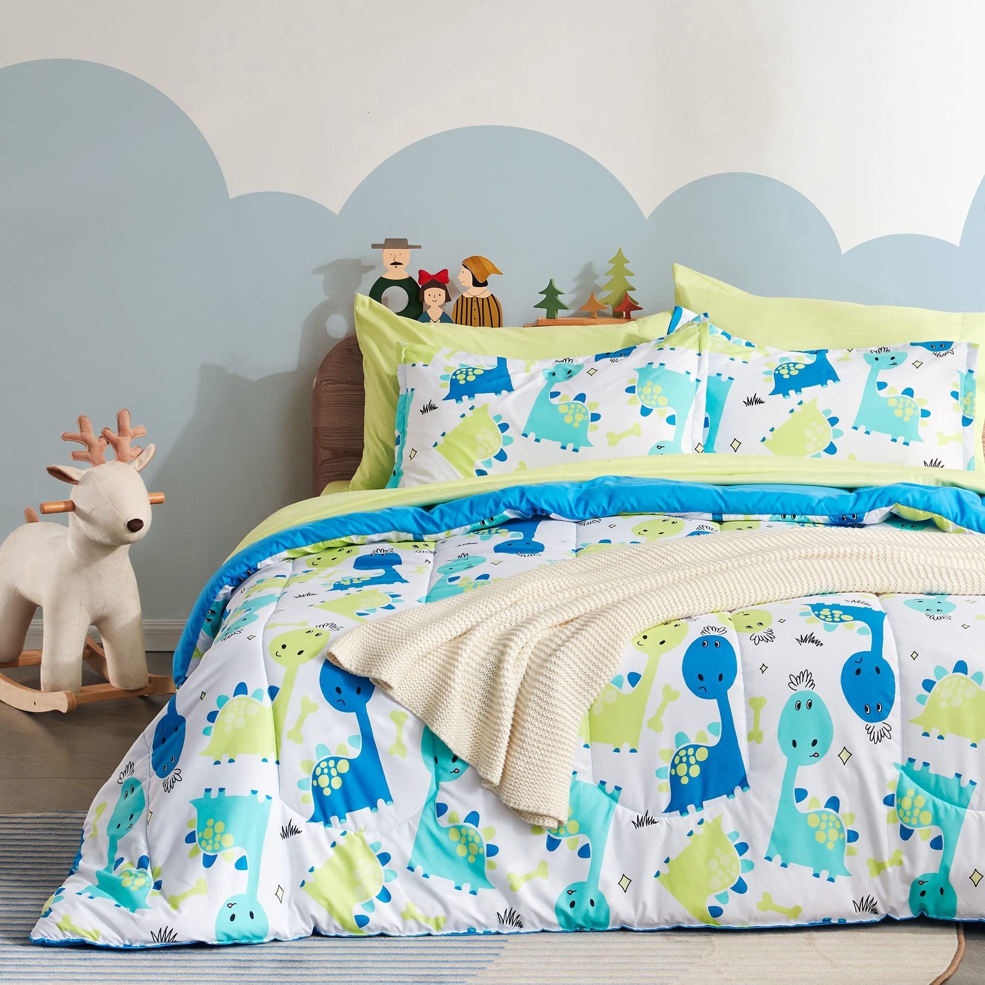 Sleep Zone Kids Bedding Comforter Set Full/Queen Size - Super Soft & Cute Printed 3-Piece Comforter Set All Seasons for Boys, Girls, Fade Resistant, Machine Washable, Cute Dino