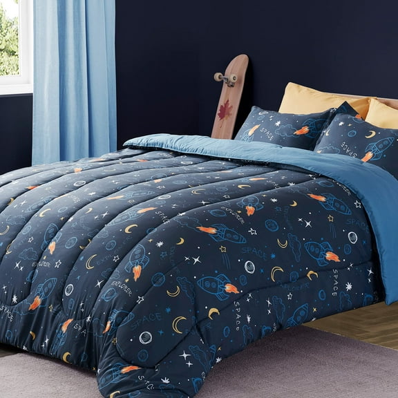 Sleep Zone Kids Bedding Comforter Set Twin/Twin Xl Size - Super Soft & Cute Printed 2-Piece Comforter Set All Seasons for Boys, Girls, Fade Resistant, Machine Washable, Space Rocket