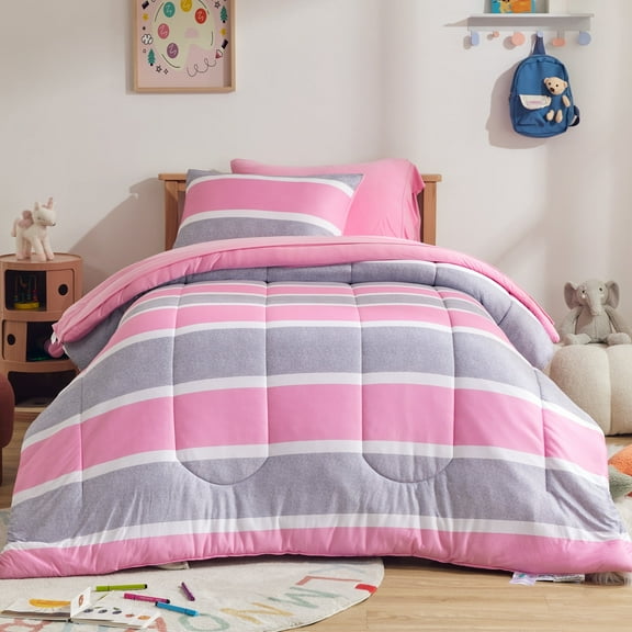 Sleep Zone Kids Comforter Set Twin Size, Jersey Knit 5 Pieces Bedding, Super Soft and Breathable Comforter with Sheets, Pillowcases (pink grey stripe)