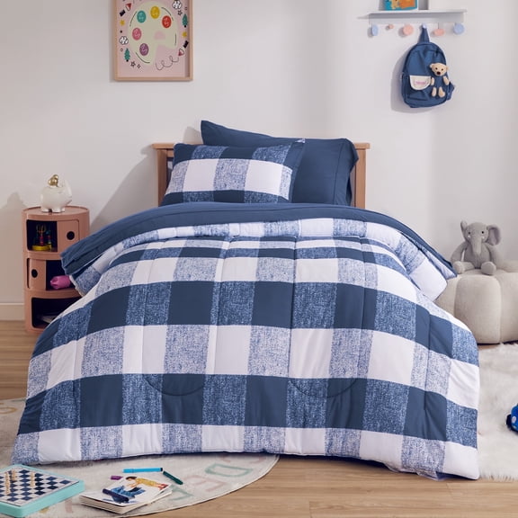 Sleep Zone Kids Comforter Set Twin Size, Jersey Knit 5 Pieces Bedding, Super Soft and Breathable Comforter with Sheets, Pillowcases (Blue grid)