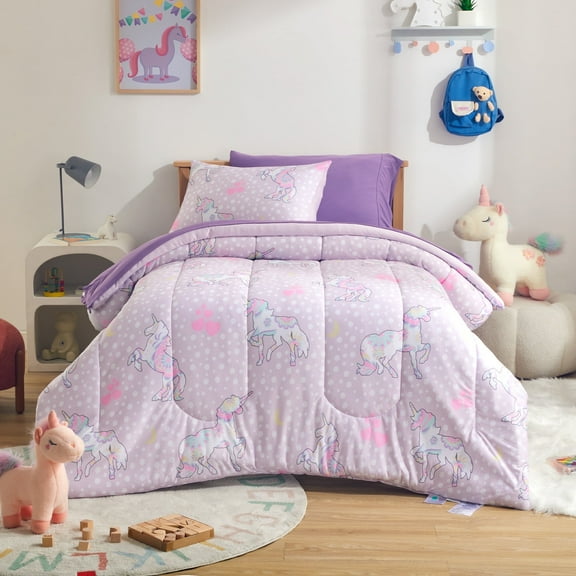 Sleep Zone Kids Comforter Set Twin Size, Jersey Knit 5 Pieces Bedding, Super Soft and Breathable Comforter with Sheets, Pillowcases (Purple Unicorns)