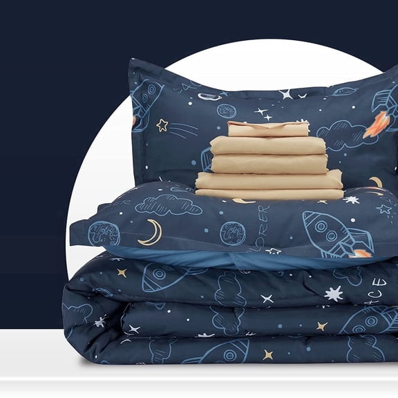 Sleep Zone Full/Queen Kids Bedding Comforter Set, 7 Piece Boy Cool Durable Children Bed in a Bag, Space Rocket