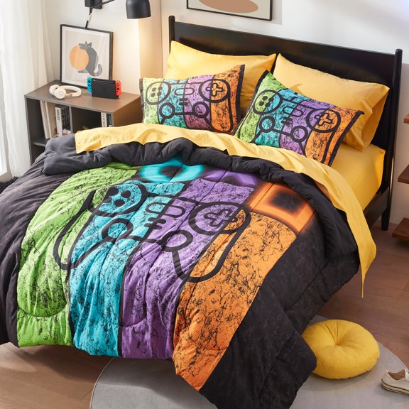 Sleep Zone Kids Twin Bedding Comforter Set - Super Cute Game Bedding Set for Boys, Girls, Teens - 5 Pieces Set with Comforter, Sheet, Pillowcase & Sham (Game Night)