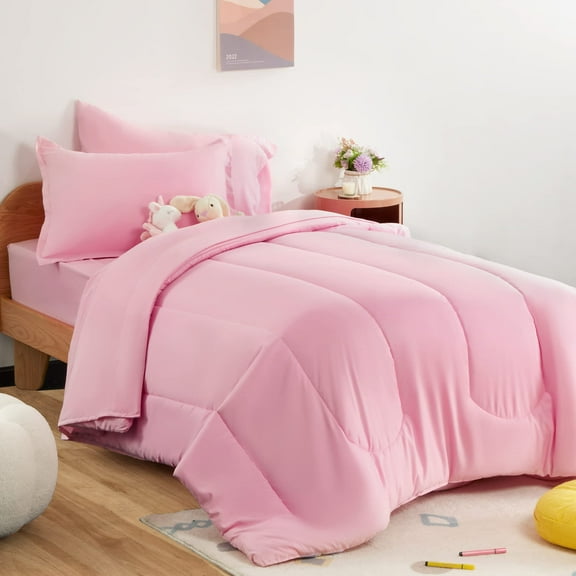 Sleep Zone Kids Twin Bedding Comforter Set - Super Cute & Soft Kids Bedding 5 Pieces Set with Comforter, Sheet, Pillowcase & Sham (Ballet Pink Color)