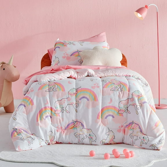 Sleep Zone Kids Bedding Comforter Set Twin/Twin Xl Size - Super Soft & Cute Printed 2-Piece Comforter Set All Seasons for Boys, Girls, Fade Resistant, Machine Washable, Pink Unicorn