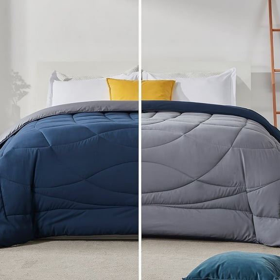 Sleep Zone King Size Comforter Duvet Insert, Down Alternative Reversible Comforter, Lightweight, Soft and Breathable Bedding All Season, A Side Navy + B Side Grey