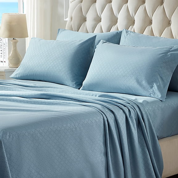 Sleep Zone Luxury Embossed Queen Bed Sheets Set for Kids, Four-Leaf Clover Pattern Sheet & Pillowcase Sets 4 Piece - Super Soft, Wrinkle Free, Fade Resistant, Deep Pocket 16" (Stone Blue, Queen)