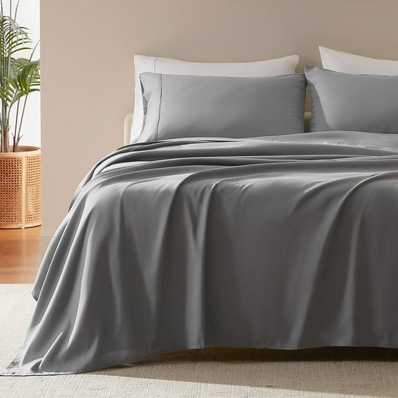 Sleep Zone Nanotex Super Soft Cooling Queen Bed Sheets Set 4 Piece - Easy Care Fitted Flat Sheet & Pillowcase Sets - Wrinkle Free, Fade Resistant, Deep Pocket 16" (Gull Gray, Queen)