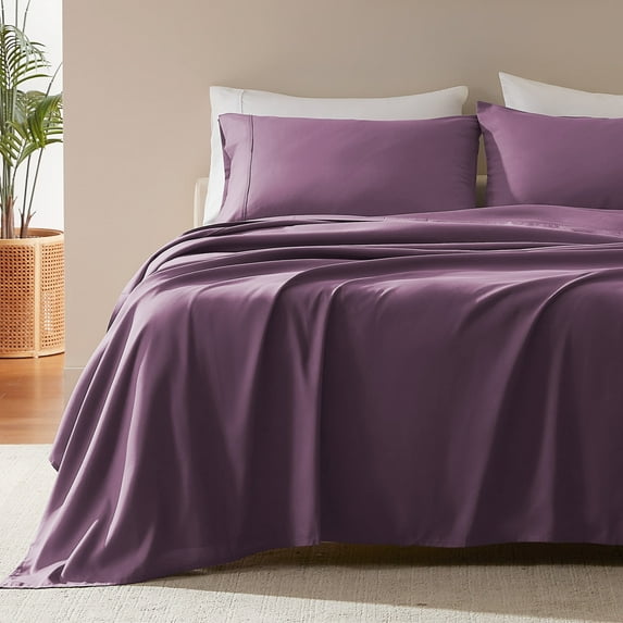 Sleep Zone Nanotex Super Soft Cooling Queen Bed Sheets Set 4 Piece - Easy Care Fitted Flat Sheet & Pillowcase Sets - Wrinkle Free, Fade Resistant, Deep Pocket 16" (Purple, Queen)