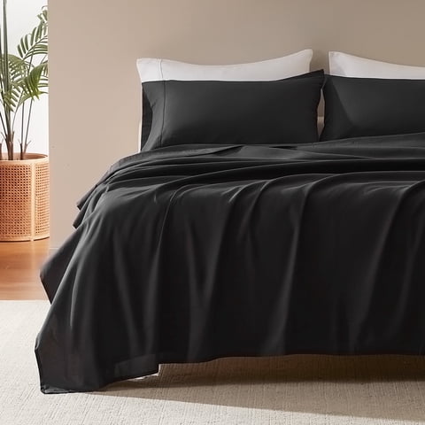 Sleep Zone Nanotex Super Soft Cooling Twin Bed Sheets Set for Kids 3 Piece - Easy Care Fitted Flat Sheet & Pillowcase Sets - Wrinkle Free, Fade Resistant, Deep Pocket 16" (Black, Twin)