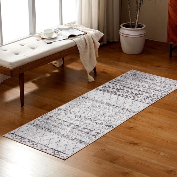 Sleep Zone 2x6 Washable Non Slip Area Rug Grey Boho Farmhouse, Wave edge Scalloped Water Resistant Rug for Bedroom Living room