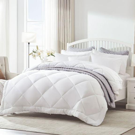Sleep Zone Queen Comforter Duvet Insert, Down Alternative Reversible Comforter, Lightweight, Soft and Breathable Bedding All Season, Diamond Quilting White