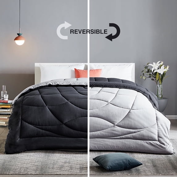 Sleep Zone Queen Comforter Duvet Insert, Down Alternative Reversible Comforter, Lightweight, Soft and Breathable Bedding All Season, A Side Black + B Side Grey
