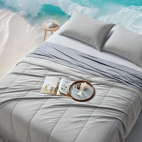 Sleep Zone Queen Cooling Comforter Set for Hot Sleepers, Nanotex Cooling Blanket,3 Pieces Jersey Knit Bedding, Reversible Cool Feeling, Soft and Breathable with 2 Pillowcases, 1 Comforter (Grey)
