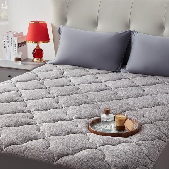 Sleep Zone Queen Mattress Pad, Pillow Top Mattress Topper, Jersey Knit Mattress Cover, Plush Mattress Protector, Elastic Fitted Mattress Encasement, Machine Washable (Queen, Grey)