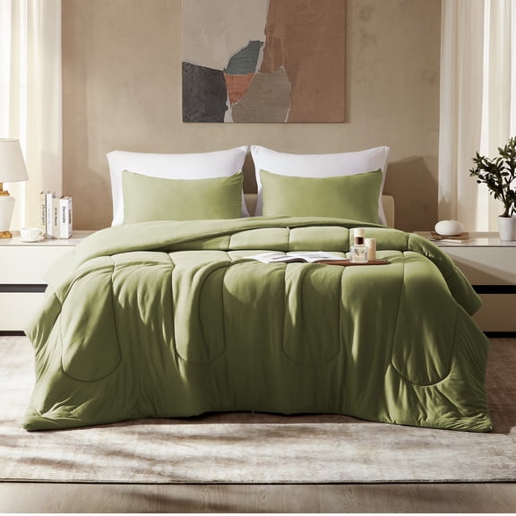 Sleep Zone Queen Size Comforter Set for Bedroom, 3 Pieces Breathable Soft Jersey Knit Bedding Sets for All Season Use, Machine Wash, Easy Care (Green, Queen)