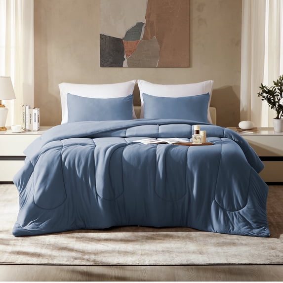 Sleep Zone Queen Size Comforter Set for Bedroom, 3 Pieces Breathable Soft Jersey Knit Bedding Sets for All Season Use, Machine Wash, Easy Care (Stone Blue, Queen)
