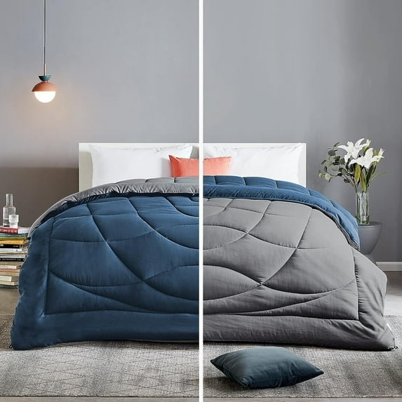 Sleep Zone Queen Comforter Duvet Insert, Down Alternative Reversible Comforter, Lightweight, Soft and Breathable Bedding All Season, A Side Navy + B Side Grey