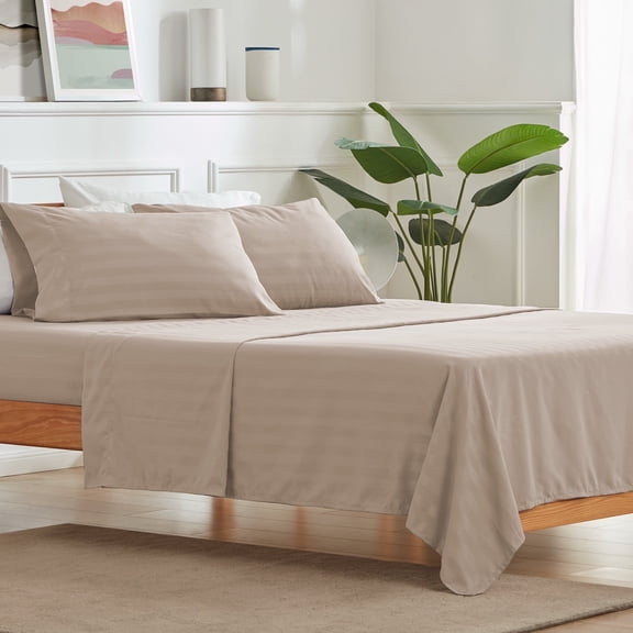 Sleep Zone Striped Cooling Queen Sheets Set - Fitted Flat Sheet & Pillowcase Sets 4 Piece - Super Soft Stripe Bed Sheet, Easy Care, Deep Pocket (Beige, Queen)
