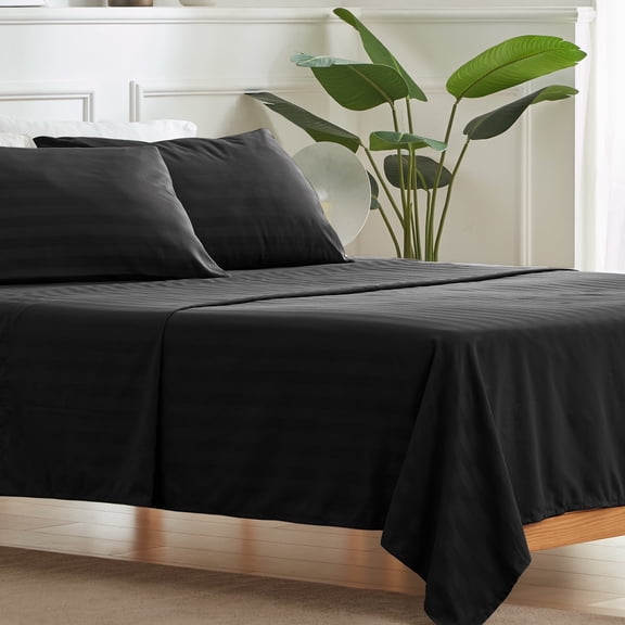 Sleep Zone Striped Cooling Sheets Set Full Size - Fitted Flat Sheet & Pillowcase Sets 4 Piece - Super Soft Stripe Bed Sheet, Easy Care, Deep Pocket (Black, Full)