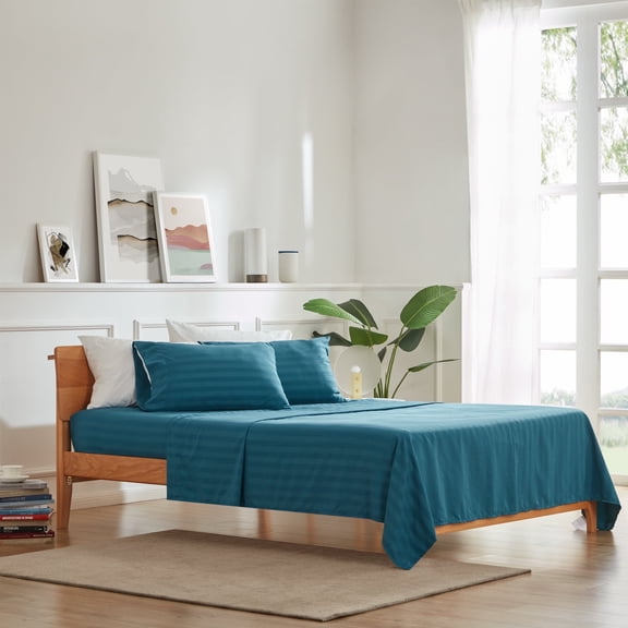 Sleep Zone Striped Cooling Sheets Set Full Size - Fitted Flat Sheet & Pillowcase Sets 4 Piece - Super Soft Stripe Bed Sheet, Easy Care, Deep Pocket (Teal, Full)