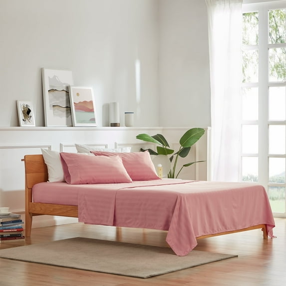 Sleep Zone Striped Cooling Sheets Set King Size - Fitted Flat Sheet & Pillowcase Sets 4 Piece - Super Soft Stripe Bed Sheet, Easy Care, Deep Pocket (Pink, Cal King)