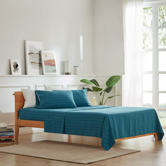 Sleep Zone Striped Cooling Twin Sheets Set for Kids - Fitted Flat Sheet & Pillowcase Sets 3 Piece - Super Soft Stripe Bed Sheet, Easy Care, Deep Pocket (Teal, Twin)