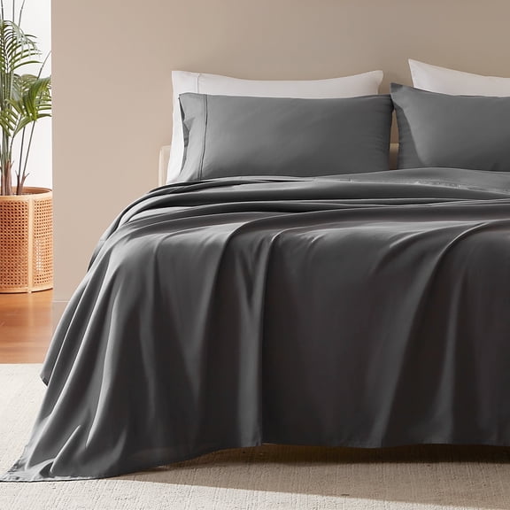 Sleep Zone Nanotex Super Soft Cooling Twin Bed Sheets Set for Kids 3 Piece - Easy Care Fitted Flat Sheet & Pillowcase Sets - Wrinkle Free, Fade Resistant, Deep Pocket 16" (Gray, Twin)