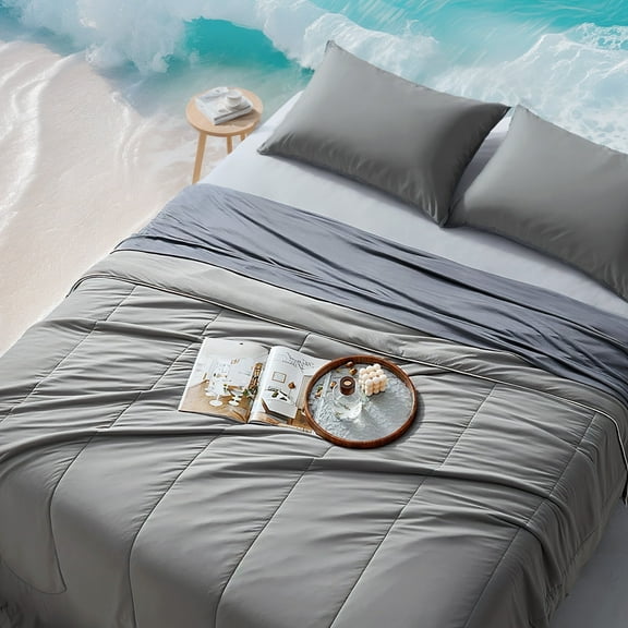 SLEEP ZONE Twin Cooling Comforter Set for Hot Sleepers, Nanotex Cooling Blanket，3 Pieces Jersey Knit Bedding, Reversible Cool Feeling, Soft and Breathable with 2 Pillowcases, 1 Comforter (Dark Grey)