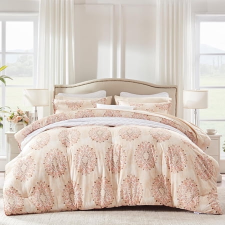 Sleep Zone Twin Size Comforter Set Bed in a Bag, 5 Pieces Soft and Cooling Comforter Down Alternative Quilted Comforter, Breathable and Easy Washable (Damask Pattern Beige, Twin)