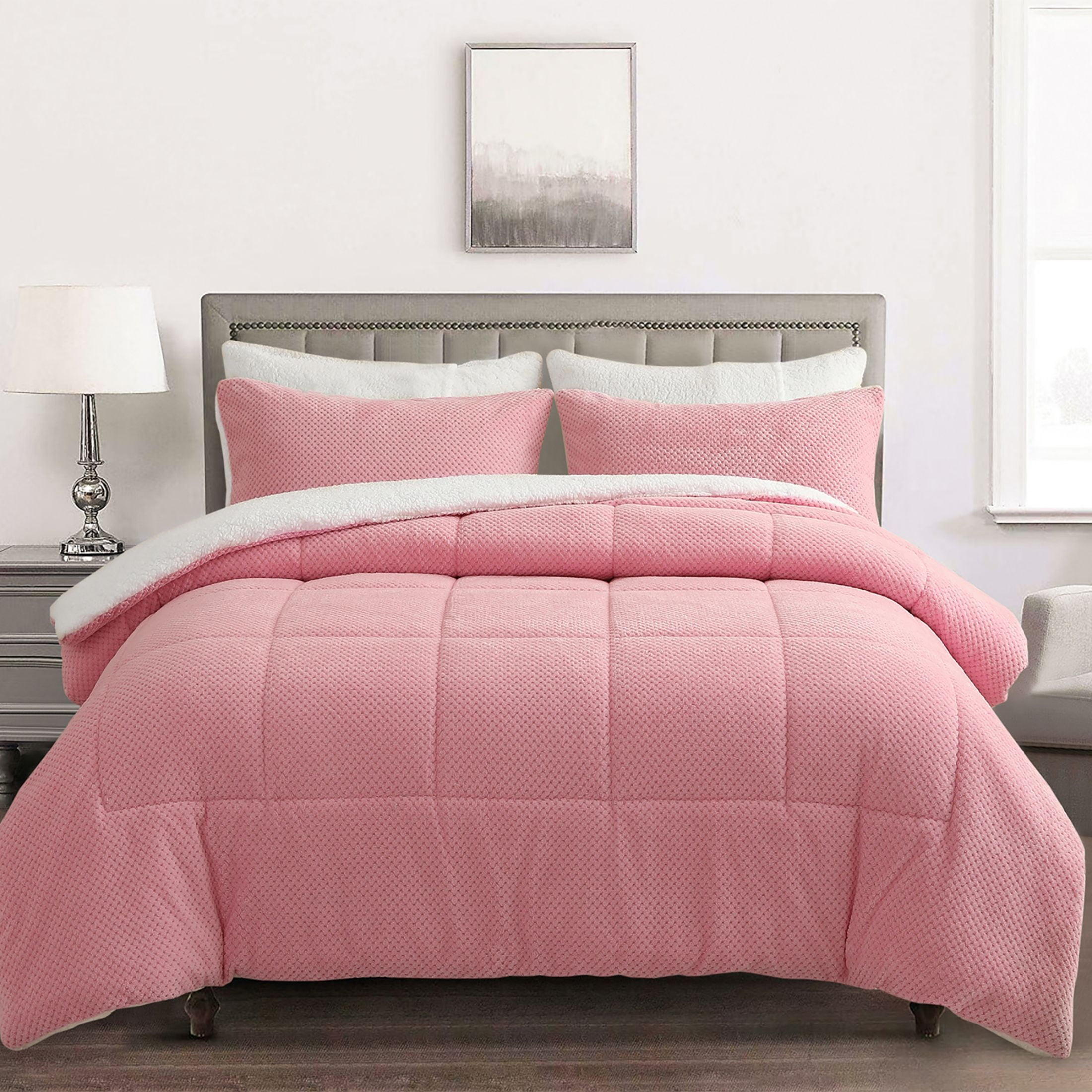 SLEEPBELLA 3-piece LightPink Plush Comforter in a Bag, Reversible ...