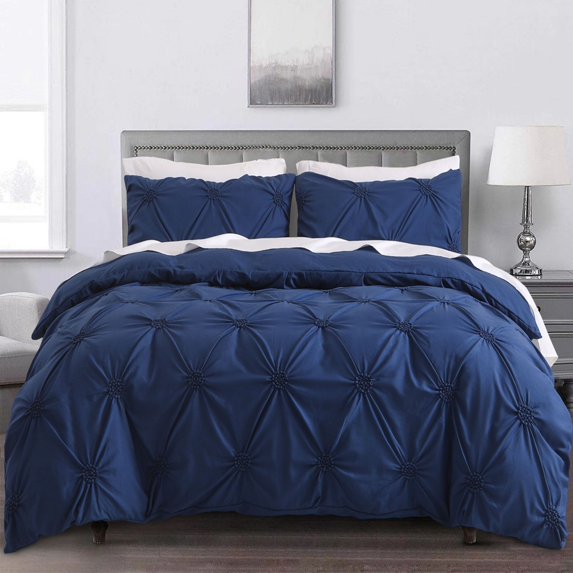 SLEEPBELLA 3pcs Luxury Ruched Floral Pintuck Comforter Sets, Soft Microfiber Inner Fill Down Alternative Shabby Chic Bedding Set, (Navy) King