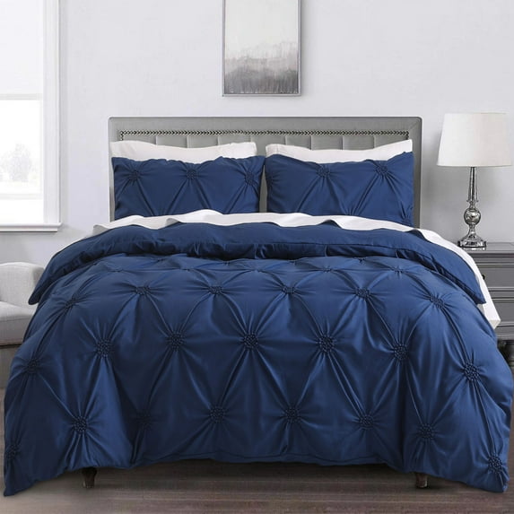 SLEEPBELLA 3pcs Luxury Ruched Floral Pintuck Comforter Sets, Soft Microfiber Inner Fill Down Alternative Shabby Chic Bedding Set, (Navy) Queen