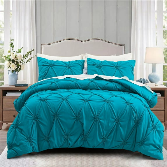 SLEEPBELLA 3pcs Luxury Ruched Floral Pintuck Comforter Sets, Soft Microfiber Inner Fill Down Alternative Shabby Chic Bedding Set, (Teal) Queen