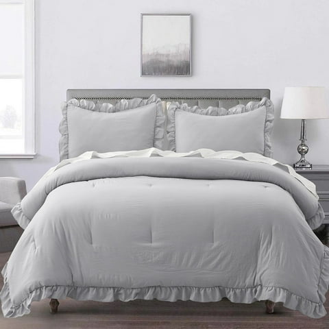 SLEEPBELLA 3pcs Luxury Ruffled Edge Trim , Soft Microfiber Inner Fill Down Alternative Shabby Chic Bedding Set, Gray (King)
