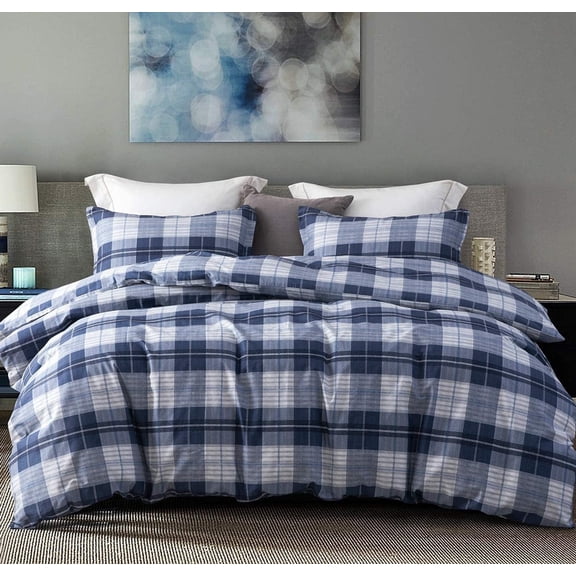 SLEEPBELLA Comforter King Size, 600 Thread Count Cotton Navy Blue & Grey Buffalo Pattern Blue Plaid Comforter Sets,Down Alternative Bedding Set 3Pcs (King, Navy Plaid)