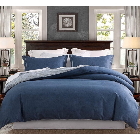 SLEEPBELLA Comforter King Size, 600 Thread Count Cotton Navy & Grey Leaves Reveisible Comforter Sets, Down Alternative Bedding Set 3Pcs(King, Navy&Blue Leaves)