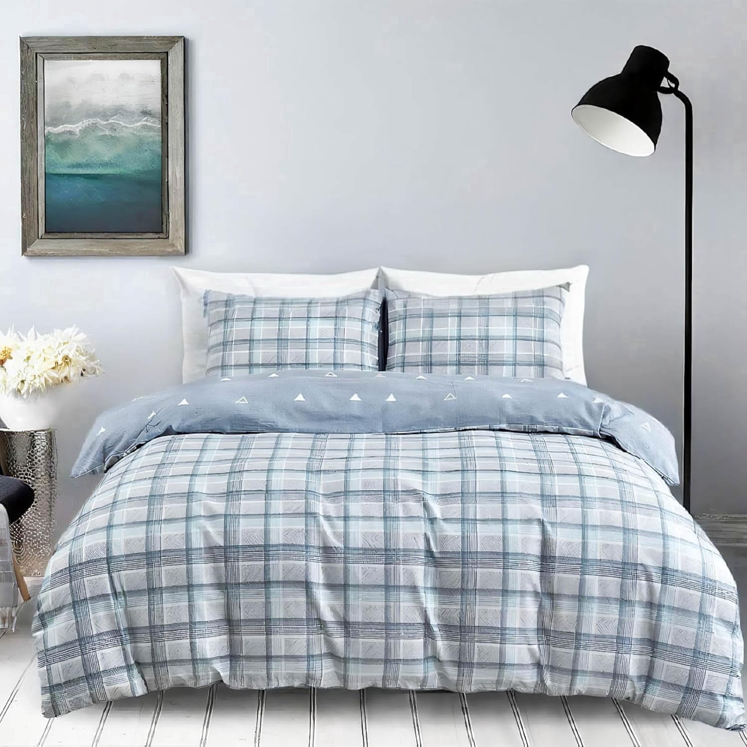 SLEEPBELLA Comforter King Size, 600 Thread Count Cotton Reversible Grey Buffalo Pattern Grey Plaid Comforter Sets,Down Alternative Bedding Set 3Pcs (King, Grey Plaid)