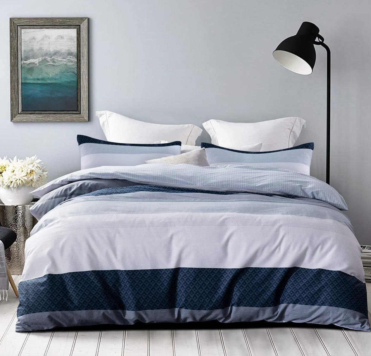 SLEEPBELLA Comforter King Size, 600 Thread Count Cotton White and Navy Striped Patchwork Reversible Pattern Reversible Blue Comforter Set,Down Alternative Bedding Set 3Pcs (King, Blue Patchwork)