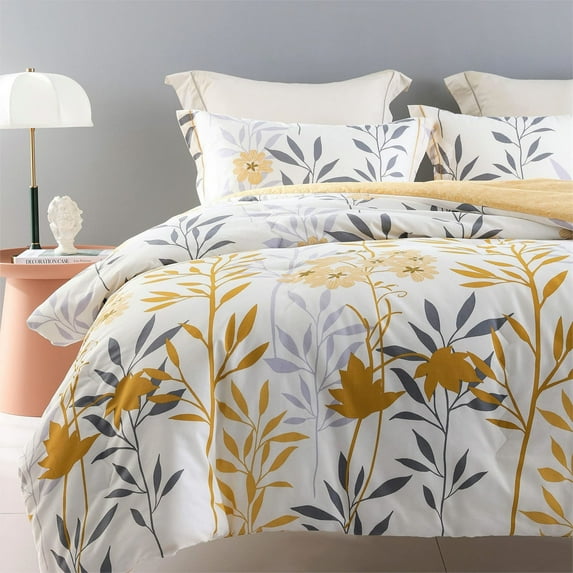 Sleepbella Yellow and White Botanical Soft Microfiber Down Reversible Comforter Set, King 3 Pieces