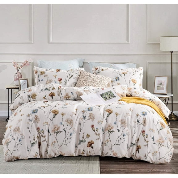 SLEEPBELLA Comforter Twin Size, 600 Thread Count Cotton White Printed with Blue & Blush Flowers Cotton Comforter Set,Down Alternative Bedding Set 2Pcs(Twin, White Floral)