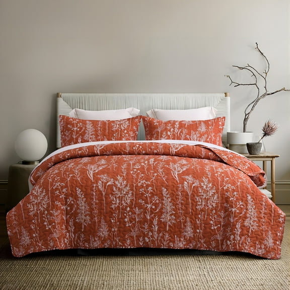 SLEEPBELLA Coral Orange Quilt Set Queen Size 3Pcs, Coral Orange Printed with White Botanical Pattern, All Season Lightweight Coverlet Sets(Queen 90x96, Coral Orange Botanical)