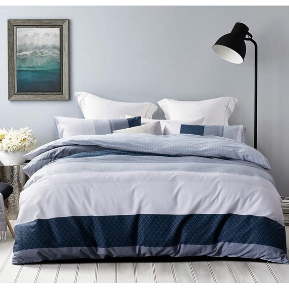 SLEEPBELLA Duvet Cover Set, 600 Thread Count Cotton White and Navy Striped Patchwork Comforter Cover Set Reversible Quilt Cover