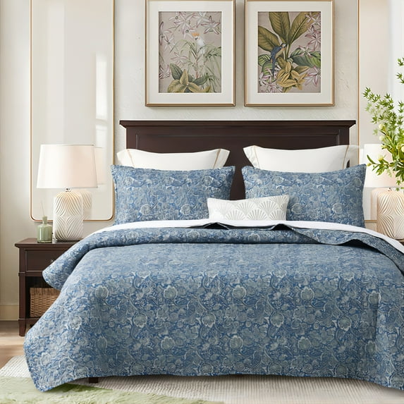 SLEEPBELLA Floral Quilt Set Queen Size 3Pcs, Teal & Khaki Leaves Printed on White, All Season Lightweight Coverlet Sets(Queen 90x96, Botanical Teal)