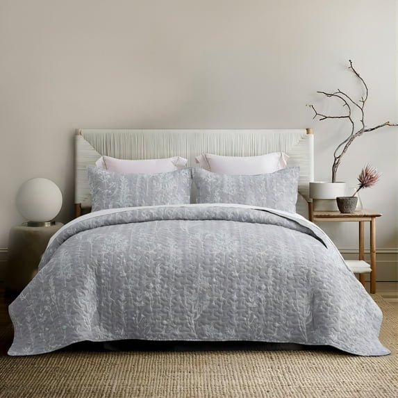 SLEEPBELLA Grey Quilt Set King Size 3Pcs, Grey Printed with White Botanical Pattern, All Season Lightweight Coverlet Sets(King 106x96, Grey Botanical)