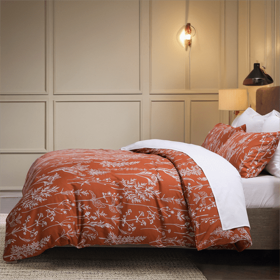 SLEEPBELLA Queen Comforter Set, Soft Microfiber All Season Comforter, Coral Orange Printed with White Botanical Pattern, Down Alternative Machine Washable