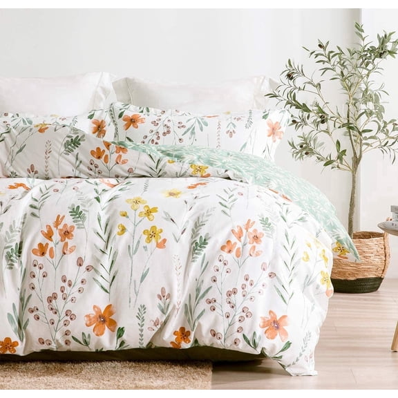 SLEEPBELLA Queen Size Comforter Set Yellow Flowers & Green Botanical Pattern Printed on White 100% Cotton Fabric, Ultra Soft Microfiber Inner Fill 3Pcs Bedding Set